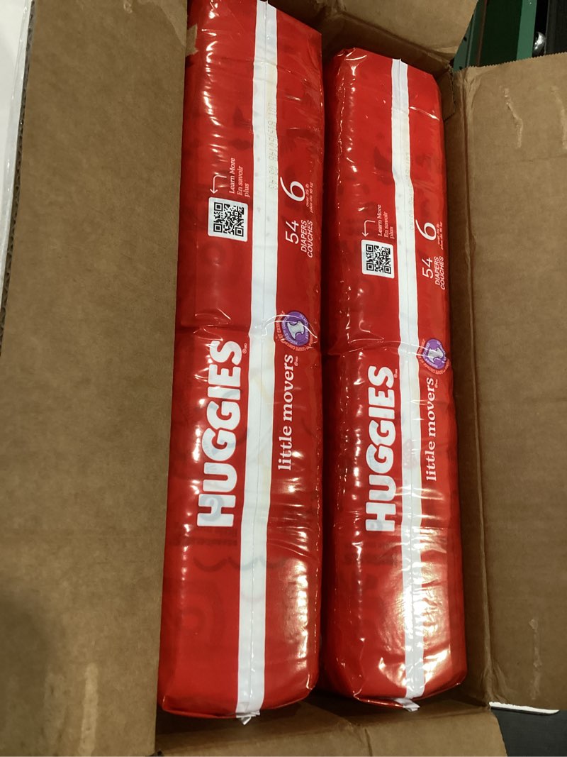 Condition photo showing New/Like New for huggies size 6 diapers, little movers baby diapers, size 6 (35+ lbs), 108 count (2 packs of 54), packaging may vary