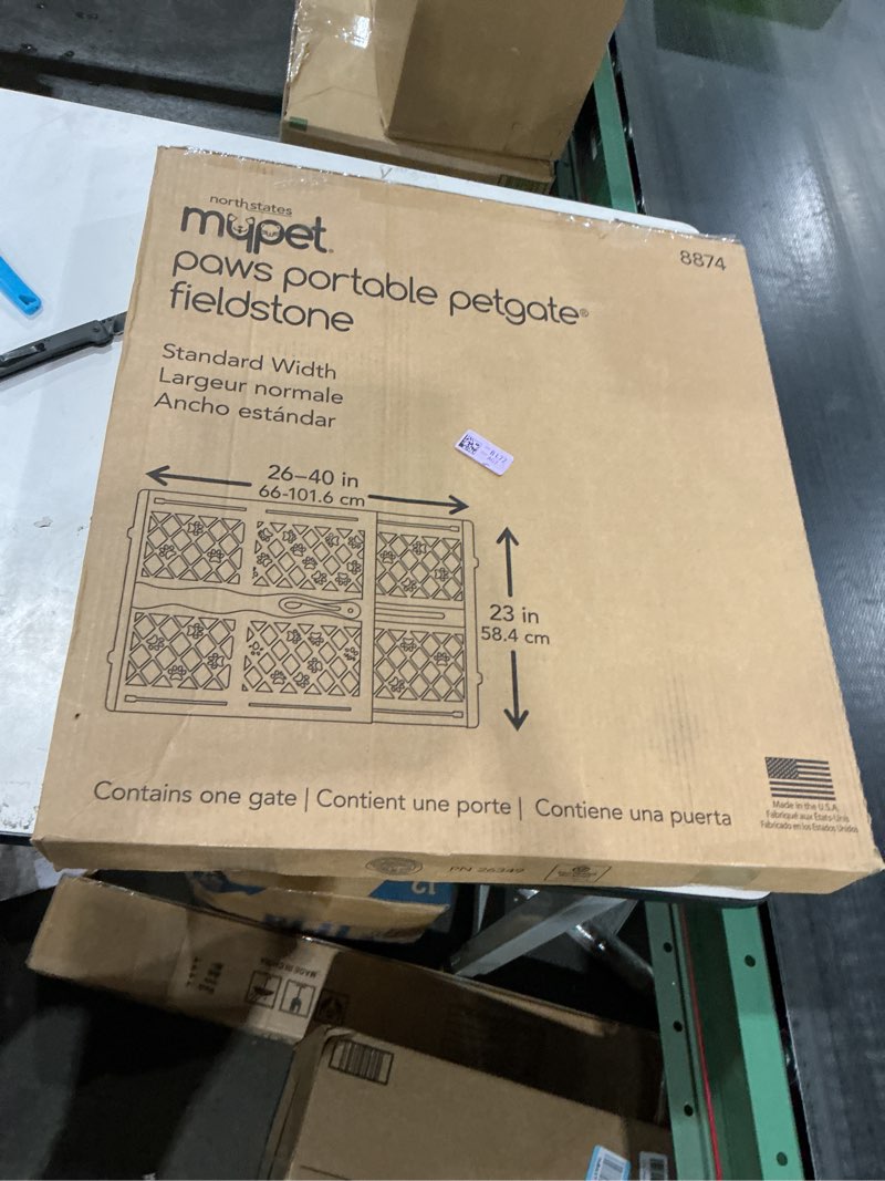 Condition photo showing New/Like New for MYPET North States Paws Portable Pet Gate: 26-40" Wide. Pressure Mount. No Tools Needed. Made in USA, 23" Tall, Expandable, Durable Dog Gates for Doorways, Fieldstone Gray