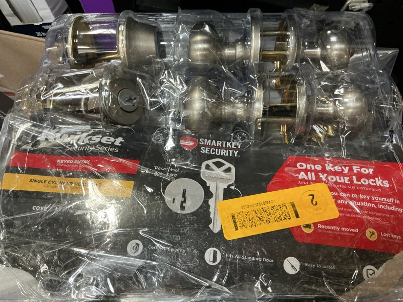 Condition photo showing As Is for kwikset smartkey security classic satin nickel entry knob and single cylinder deadbolt kw1 2-3/4 in.