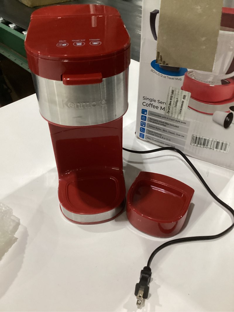 Condition photo showing As Is for kenmore single serve coffee maker – compatible with keurig k?cup pods & ground coffee, one cup brewer, 6–12 oz brew sizes, travel mug friendly, auto shut?off, hot & iced maquina de cafe, black kkcmkcm-b, not exact, similar to stock photo, not tested