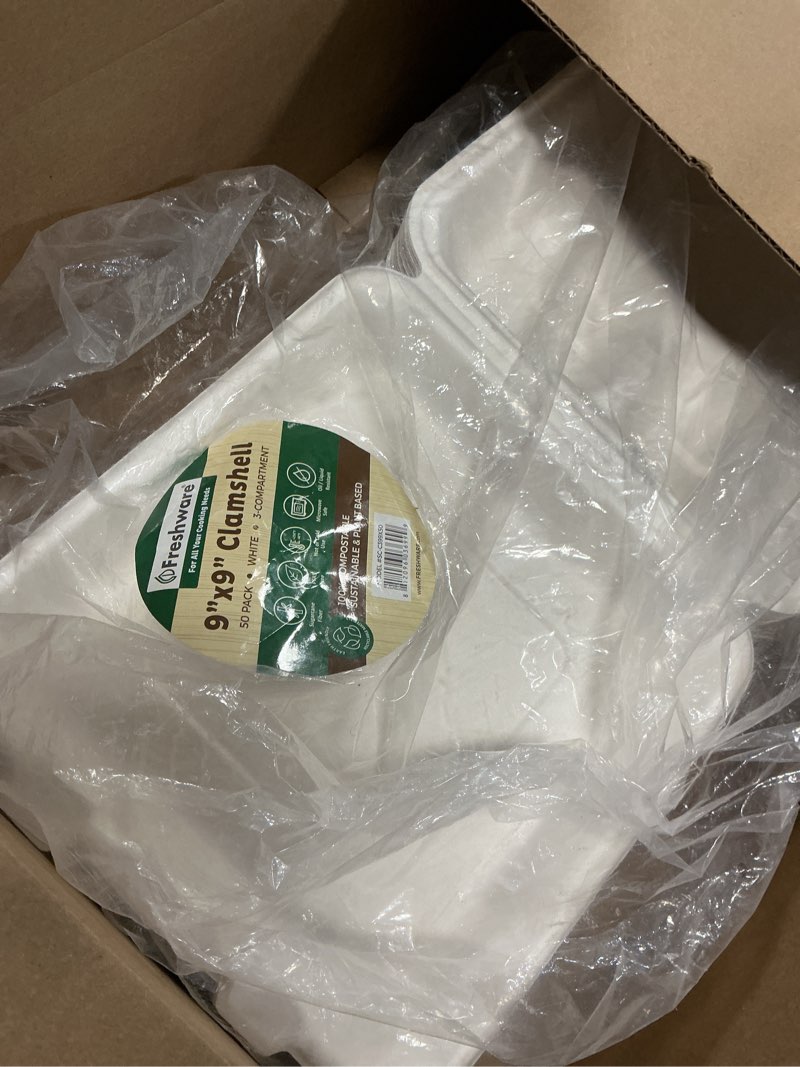 Condition photo showing Good Condition for Freshware Compostable Clamshell Food Containers [9x9"] 3-Compartment, 50-Pack, Disposable Containers, Biodegradable Sugarcane To Go Boxes - Paper Food Containers - Microwave & Freezer Safe, Stackable