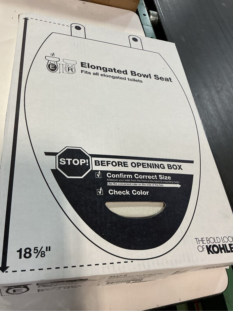Condition photo showing New/Like New for kohler 4647-0 stonewood elongated toilet seat, elongated wood seat for standard toilets, comes with color-matched plastic hinges, home essentials, white white elongated