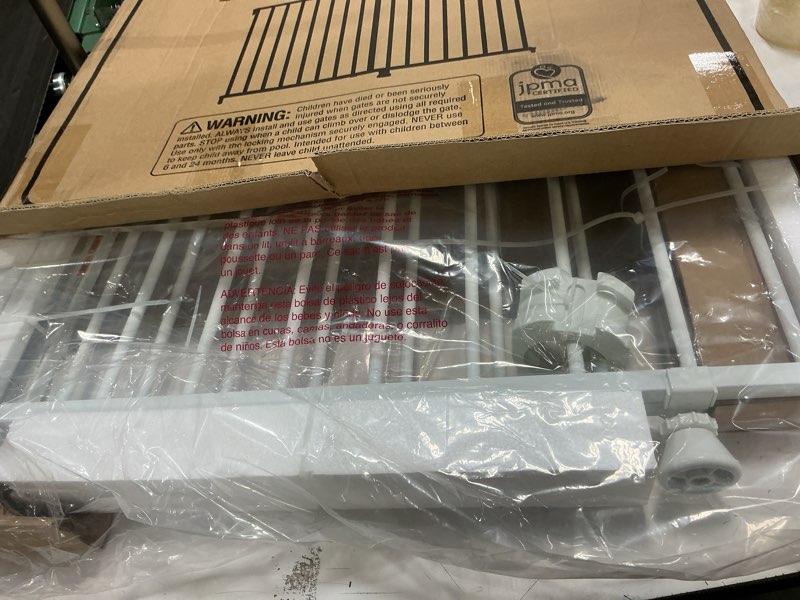 Condition photo showing Good Condition for regalo safety top of stairway & bottom extra wide baby gate, includes banister & wall mounting kit, babies, toddlers & pets, ages 6–24 months, tested & trusted, american designed, family owned white 29-43"w x 30.5"h