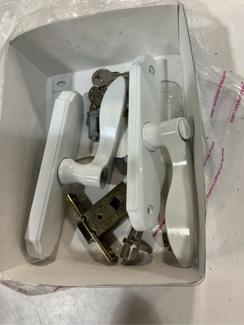 Condition photo showing As Is for wright products serenade mortise lever set with built-in keyed deadbolt, white – fits wood core & storm doors, reversible handle, security lock with 2 keys