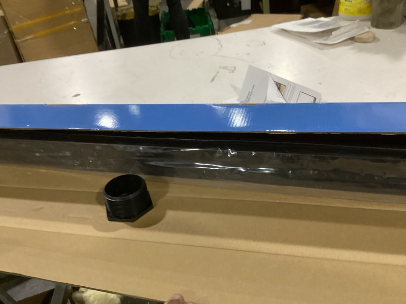 Condition photo showing As Is for (similar to )offset linear shower drain, matte black shower drain 36 inch with removable grate cover, brushed 304 stainless steel side outlet black shower floor drain with hair catcher and leveling feet
