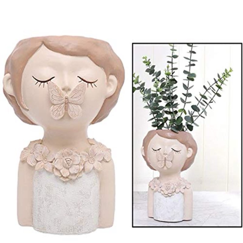 Lovely Girl Resin Plant Pot Succulent Container Flower Bonsai Pot for Home Decor (Color : A) (B)