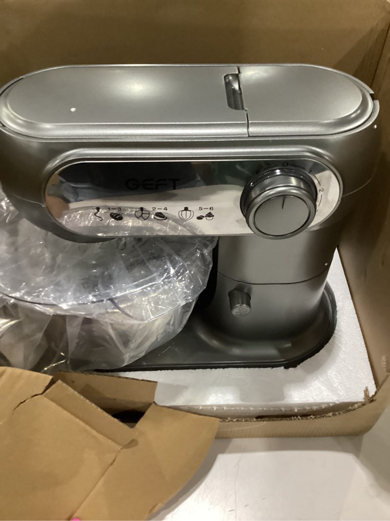 Condition photo showing As Is for stand mixer, 6qt mixers kitchen electric stand mixer, dough mixer gray | 600w tilt-head kitchen mixer with stainless steel bowl, dishwasher-safe dough hook, flat beater, wire whisk, splash guard gray one bowl (6qt)