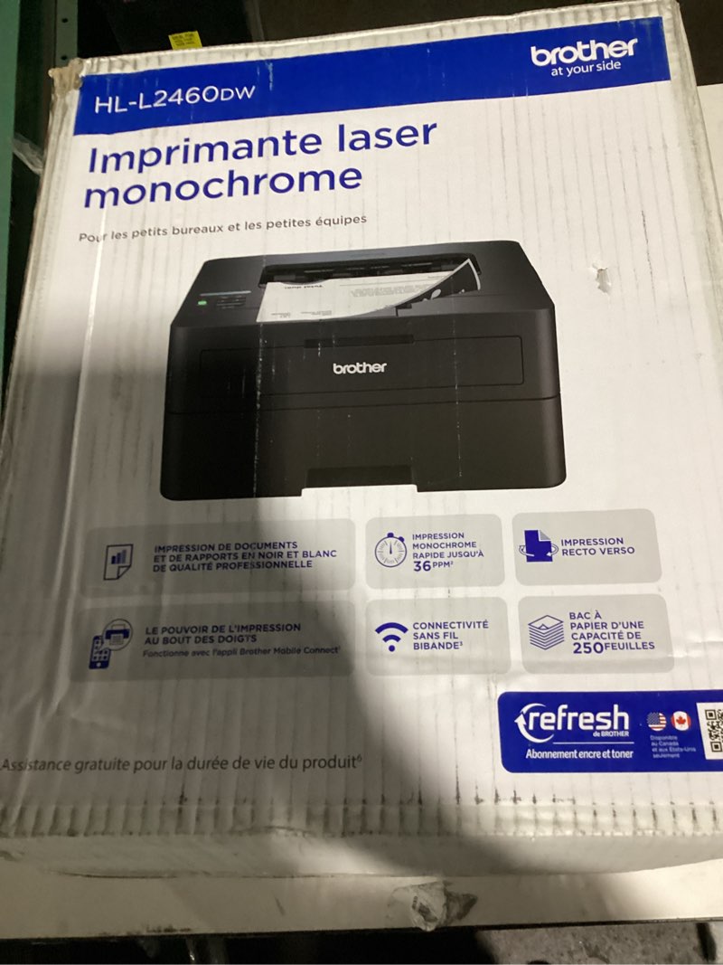 Condition photo showing As Is for brother hl-l2460dw wireless compact monochrome laser printer with duplex, mobile printing, black & white output | includes refresh subscription trial(1), works with alexa new printer