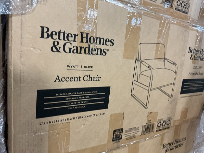 Condition photo showing New/Like New for better homes & gardens wyatt accent chair, olive green bouclé