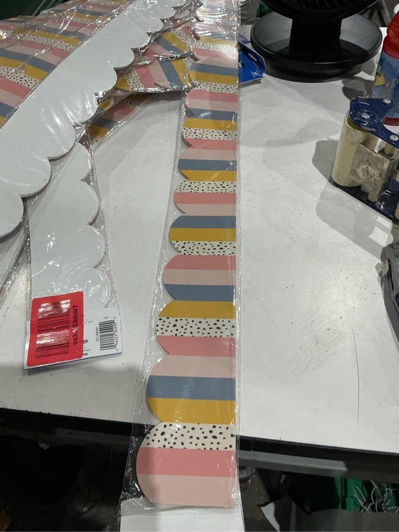 Condition photo showing Good Condition for carson dellosa we belong neutral stripes bulletin board borders,  of scalloped boho striped classroom borders for bulletin board, white board, cork board, and neutral classroom décor