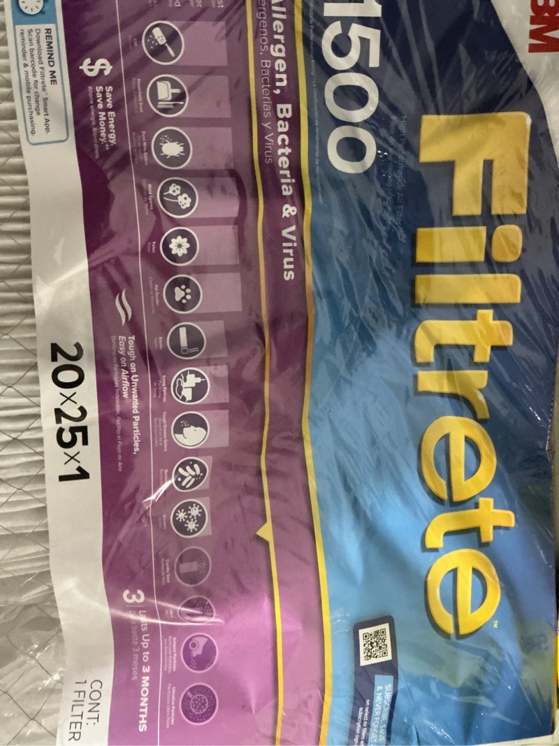 Condition photo showing As Is for filtrete 20"x25"x1" allergens bacteria & viruses mpr 1500