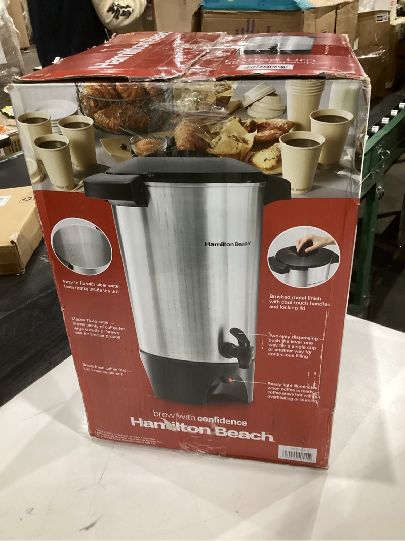 Condition photo showing As Is for Hamilton Beach 45 Cup Coffee Urn and Hot Beverage Dispenser, Silver Single-Spout