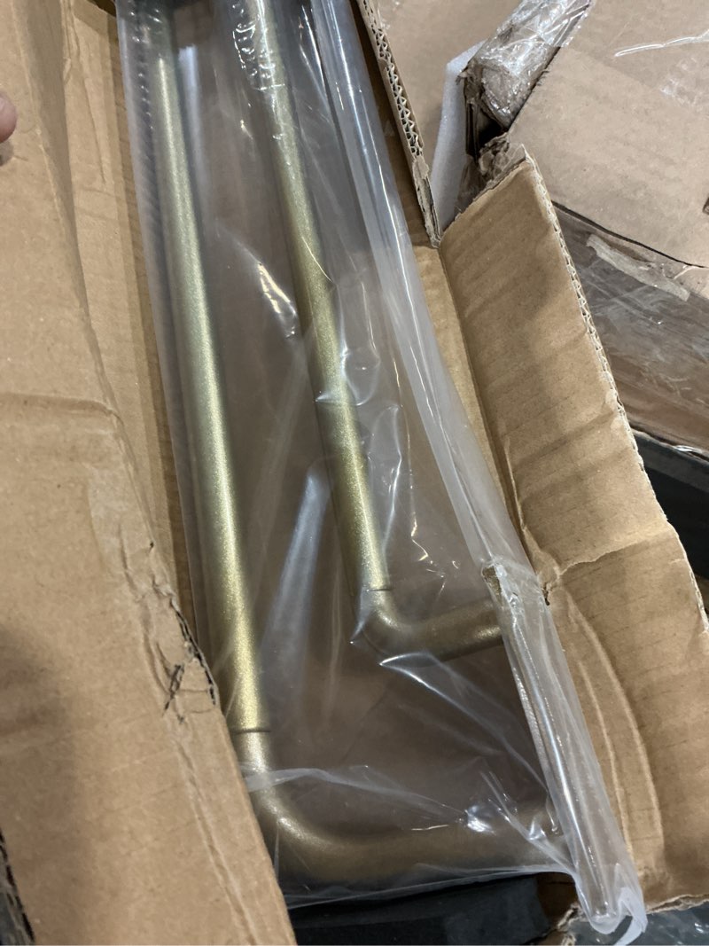Condition photo showing New/Like New for antique gold double curtain rods, 48-84 inch, room darkening, wrap around, adjustable length, sturdy aluminum alloy, wall mounted, 30lb weight capacity antique gold 48-84"