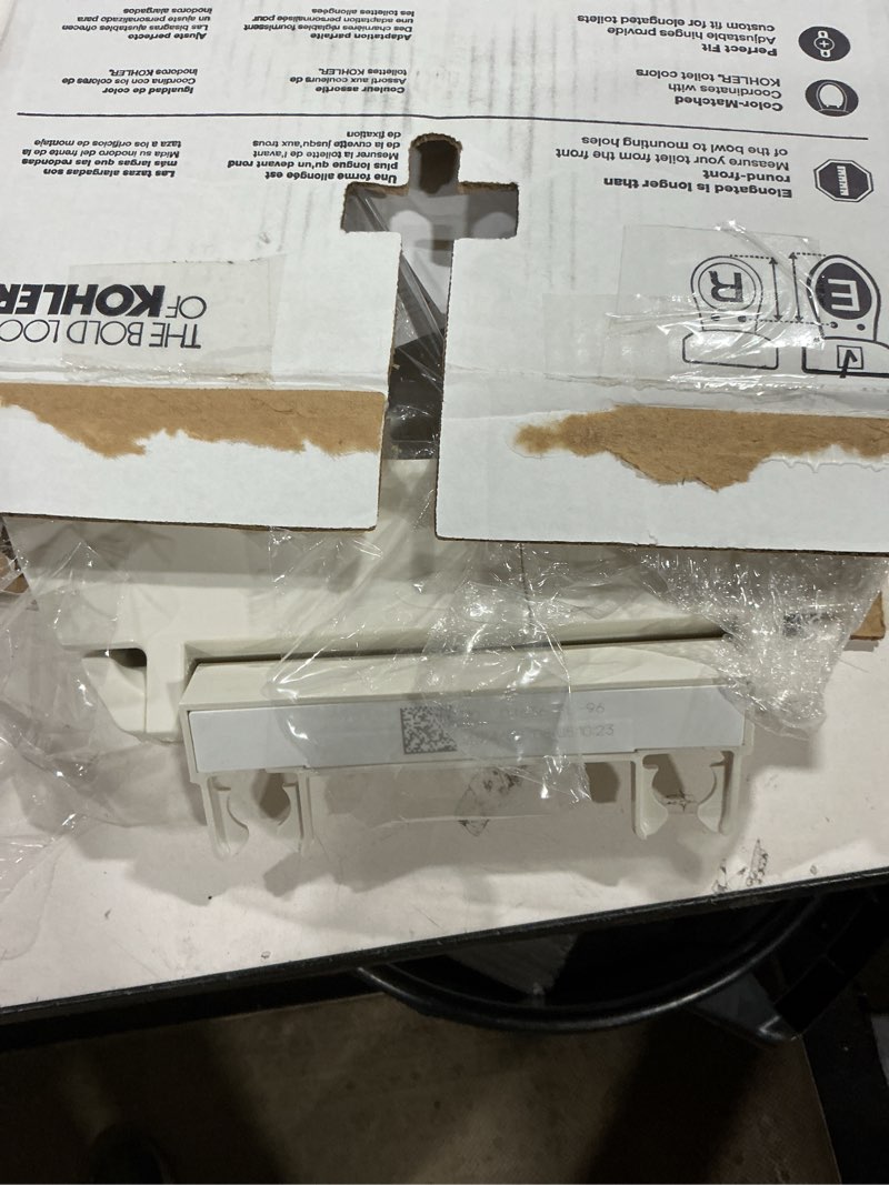 Condition photo showing As Is for KOHLER K-4636-96 Cachet Quiet Close Elongated Toilet Seat, Slow Close Lid and Seat, Grip-Tight Bumpers and Installation Hardware, Biscuit Biscuit Elongated Non Ready Latch