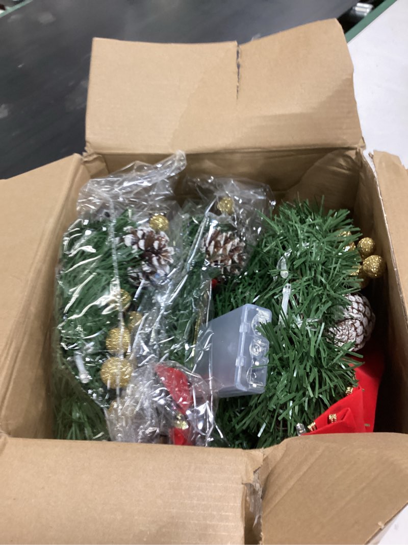 Condition photo showing Good Condition for 4 Pcs Lighted Christmas Wreaths, 12 Inch Pre Lit Small Xmas Wreath with Large Bow, Pine Needle Wreath with LED Lights Battery Operated Xmas Ornaments for Front Door Wall Christmas Party Decor(Red)