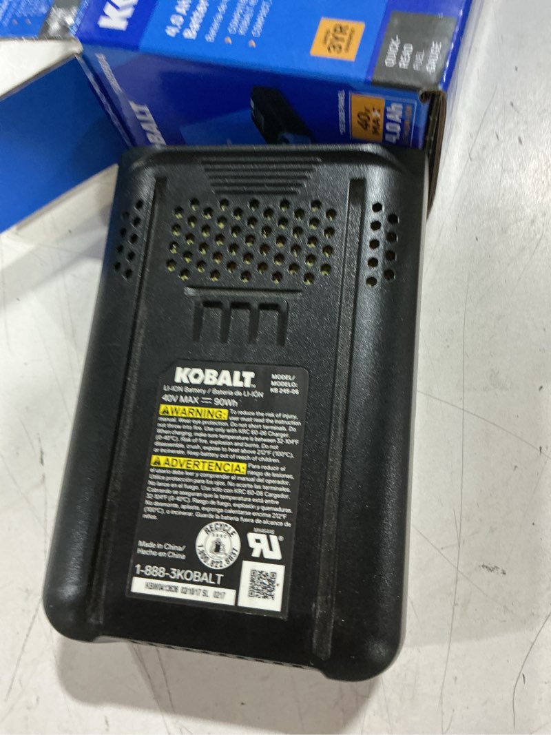 Condition photo showing As Is for kobalt 40v 40-volt 160 ah. lithium ion (li-ion) battery