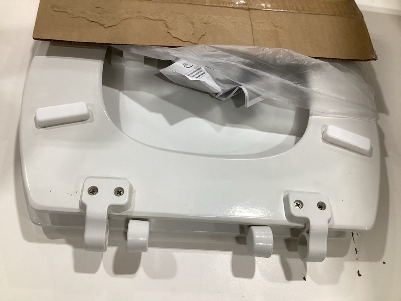 Condition photo showing As Is for mayfair linden slow close toilet seat, non slip heavy duty wood, easy install, round, white round traditional hinge