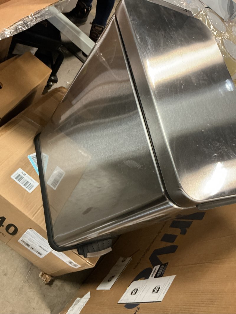 Condition photo showing As Is for (Similar to stock photo) mDesign Small 1.3 Gallon Rectangle Metal Step Can, Liner/Handle, Brushed Chrome