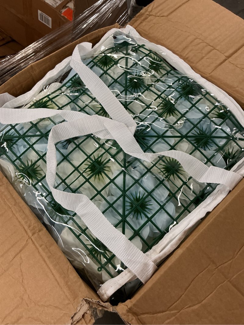 Condition photo showing New/Like New for 12Pcs Artificial Flower Wall Panel 3D Floral Backdrop Walls15 X 15" Flower Wall Decor Panel Flower Backdrop for Party Home Background Decor, Blue & White Blue, White