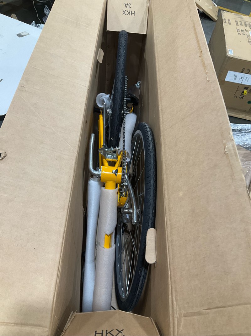 Condition photo showing Good Condition for schwinn wayfarer hybrid bike, 700c mens and womens bike, 7-speed hybrid bicycle, retro steel frame, front and rear linear pull brakes, fenders, cargo space, adult bicycle yellow 16-inch frame step-through frame