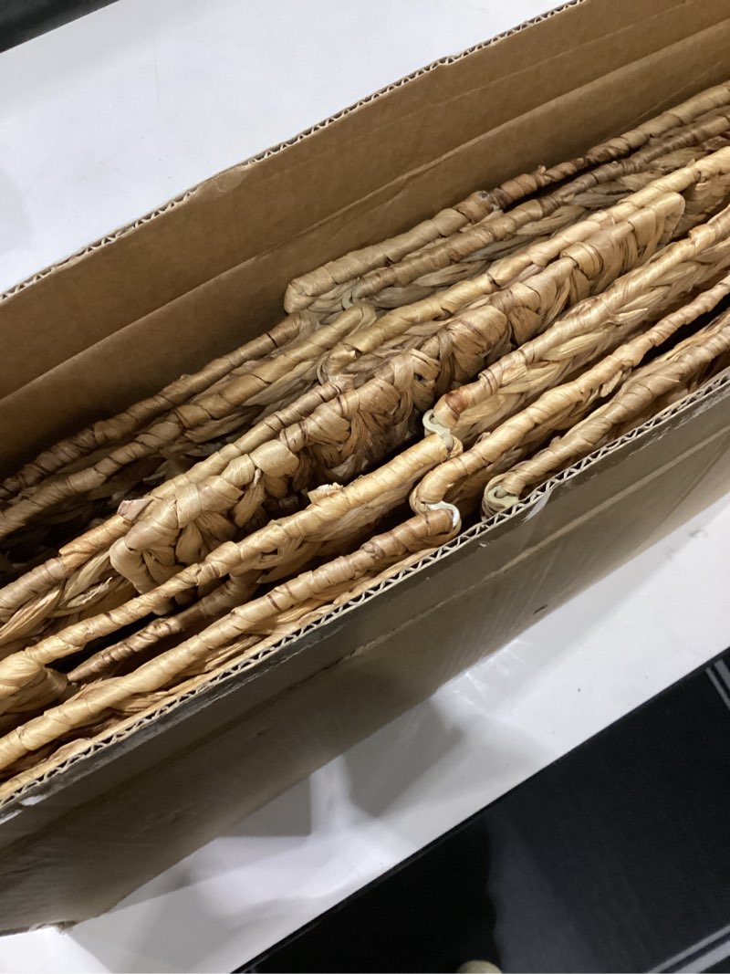 Condition photo showing Good Condition for 12x12x10in water hyacinth storage basket large, folding cube woven wicker storage basket for shelves, pantry baskets organization and storage, kitchen storage baskets, large rattan basket set of 3 water hyacinth 12x12x10