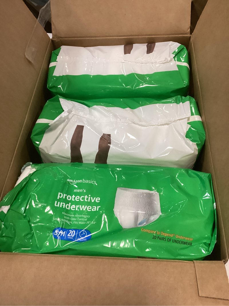 Condition photo showing New/Like New for Amazon Basics Incontinence Underwear for Men, Maximum Absorbency, Small/Medium, 60 Count (3 Packs of 20) Small/Medium 60