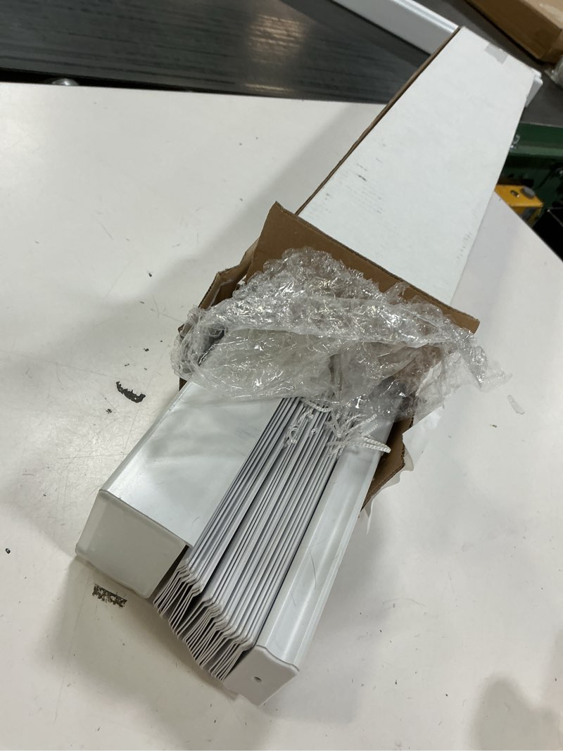 Condition photo showing As Is for project source premium 2-in slat width 27-in x 64-in cordless white vinyl room darkening horizontal blinds
