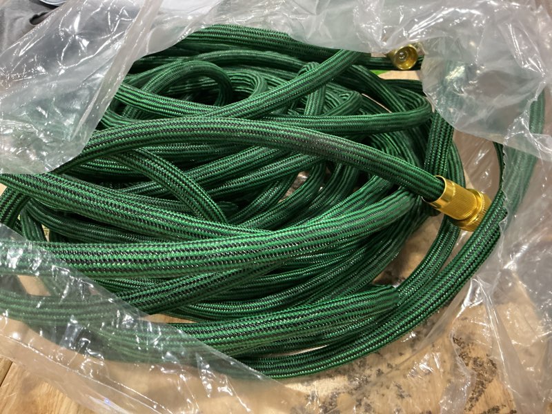 Condition photo showing As Is for non-expandable 100 ft garden hose, heavy duty flexible water hose, kink resistant lightweight hybrid hose with durable fabric skin, leakproof hose male to female fittings