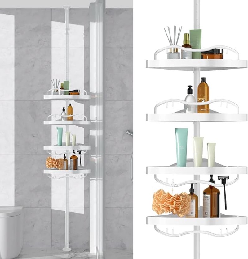 Corner Shower Caddy Tension Pole - Heavy Duty Floor to Ceiling Shower Organizer Tension Pole with 4 