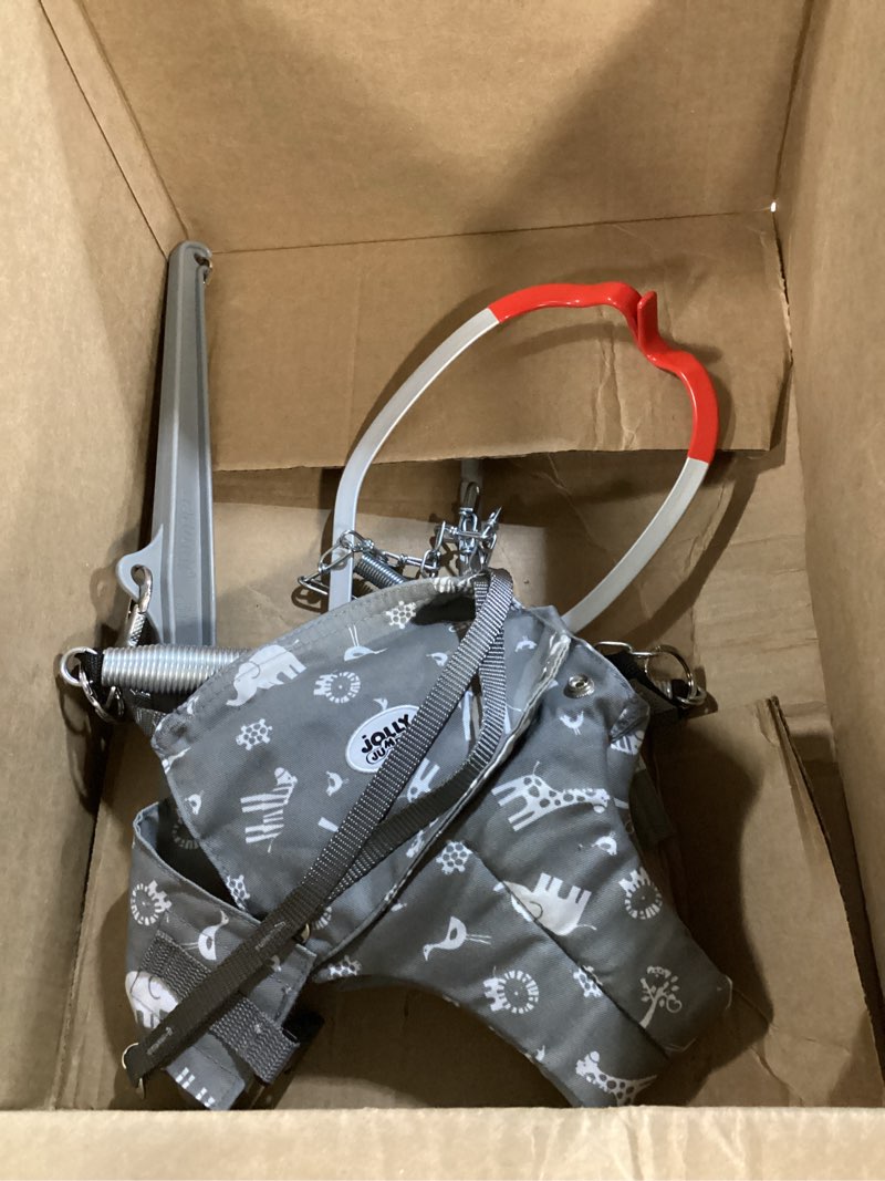 Condition photo showing As Is for jolly jumper iconic (grey safari), doorway baby jumper, indoor exercise saddle seat, adjustable height, for infants up to 28lbs, black, no stand required grey safari saddle