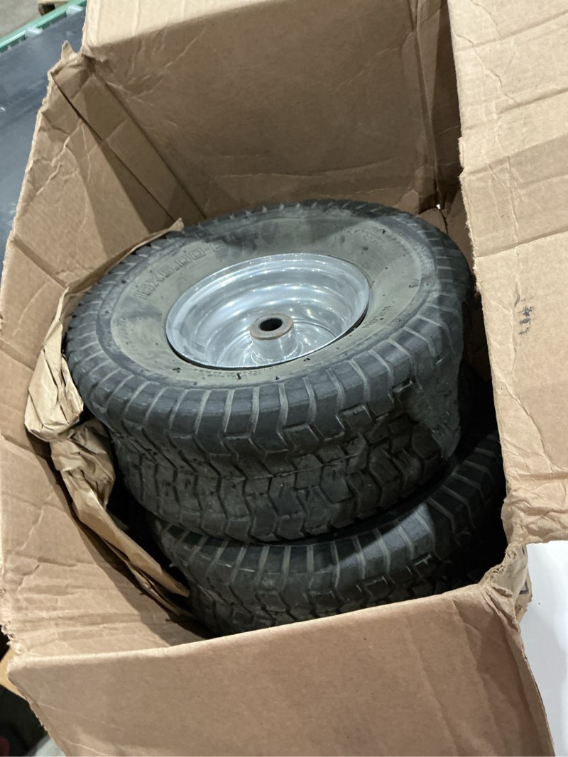 Condition photo showing As Is for 15x6.00-6 lawn mower tire and wheel, front tire compatible with john deere, craftsman, husqvarna lawn mowers and lawn tractors
