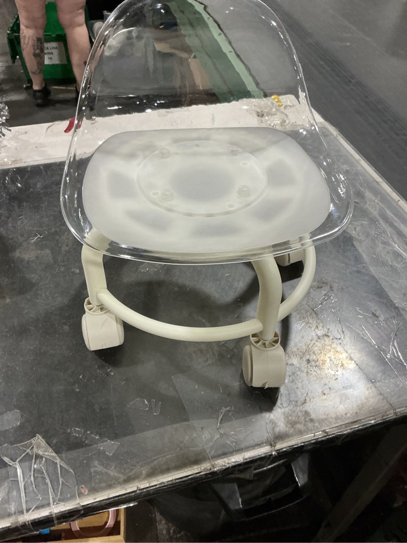Condition photo showing Good Condition for acrylic pulley chair, low stool with backrest pulley, ergonomic low rolling stool for home cleaning, office step stools, laundry, office, garage, spa, shop, salon (clear)