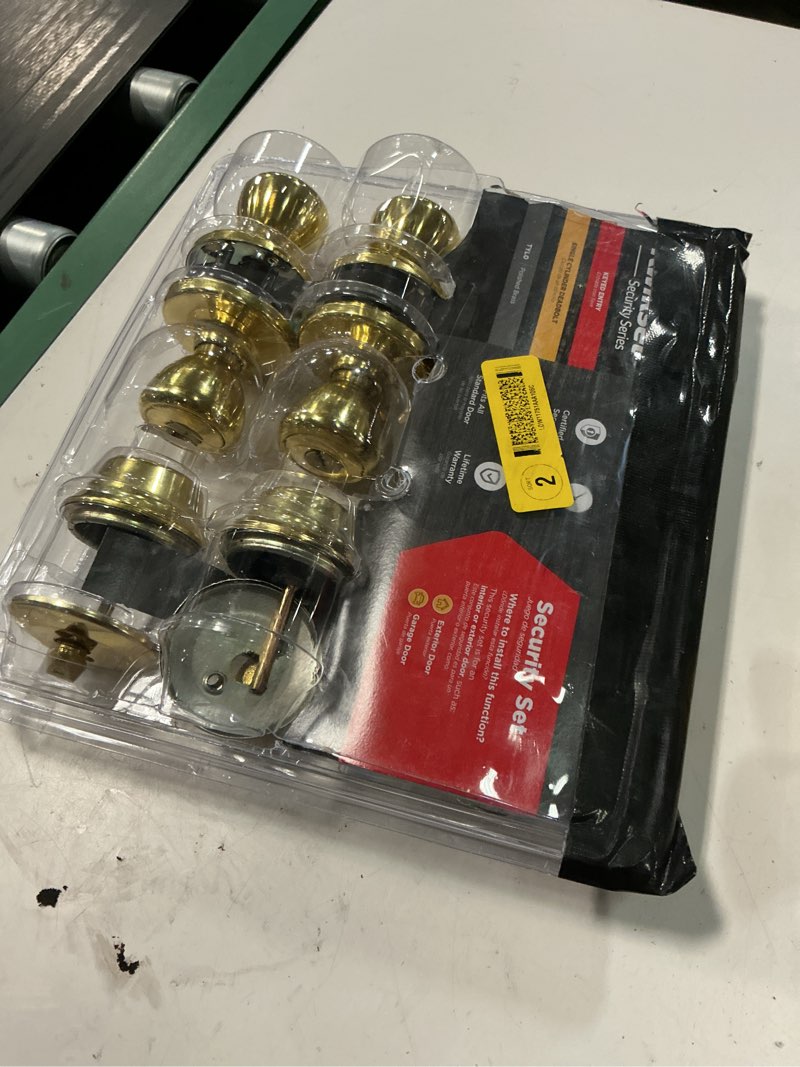 Condition photo showing As Is for premier lock keyed alike entry door brass exterior single-cylinder deadbolt and keyed entry