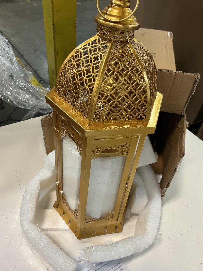 Condition photo showing Good Condition for JHY DESIGN Set of 2 Outdoor Candle Lanterns 22"&17" H Decorative Vintage Metal Candle Holders for Garden Porch Indoor Outdoor Parties Weddings Patio Home Decor(Gold) 22"&17"H Gold