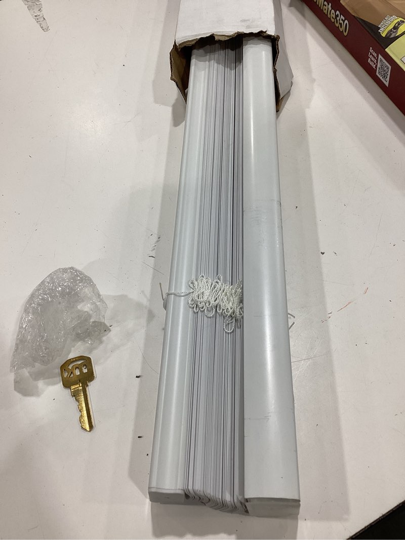 Condition photo showing As Is for project source room darkening 1-in slat width 27-in x 64-in cordless white vinyl room darkening mini-blinds