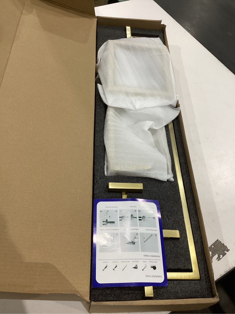 Condition photo showing As Is for YACVCL Brushed Gold Bathroom Hardware Accessorie Set 23.6 Inch Towel Bar Set 5-Pieces Towel Rack&Holder Set for Bathroom,Upgraded Toilet Paper Holder with Shelf,Stainless Steel Wall-Mounted 5 Pcs Brushed Gold