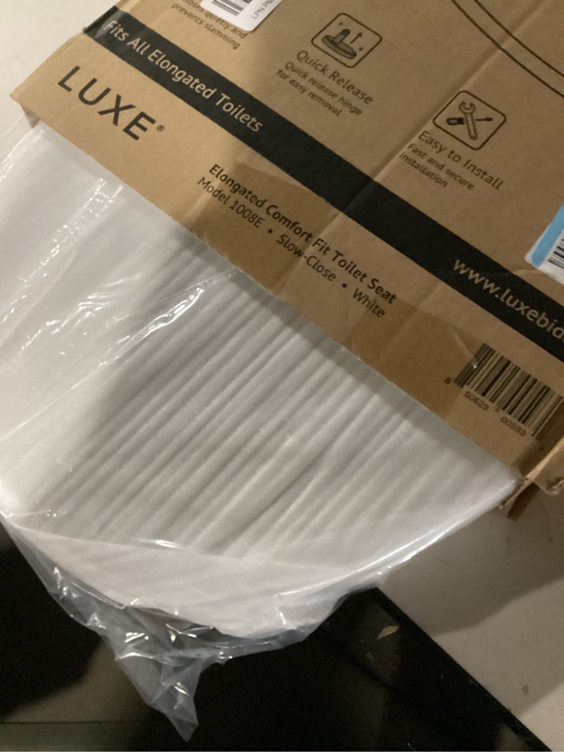 Condition photo showing Good Condition for LUXE TS1008E Elongated Comfort Fit Toilet Seat with Slow Close, Quick Release Hinges, and Non-Slip Bumpers (White)