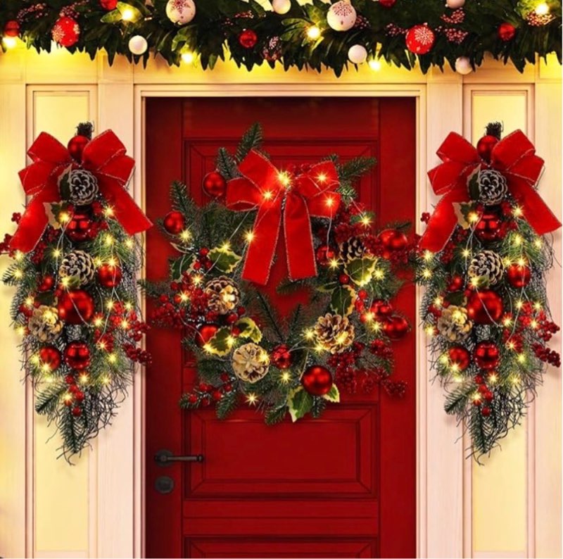 Meooeck 3 Pcs Christmas Pre Lit Wreath and Swag with Lights Artificial 24in Christmas Garland for Front Door Outdoor Indoor Home Party Decoration with Bow Pine Cones Berries Battery Operated(Red)