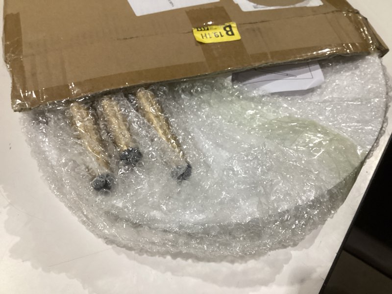 Condition photo showing As Is for danpinera Round Side Table, Metal Legged Accent Table with Wooden Tray, Small Round End Table for Living Room, Bedroom, Nursery, WHITE