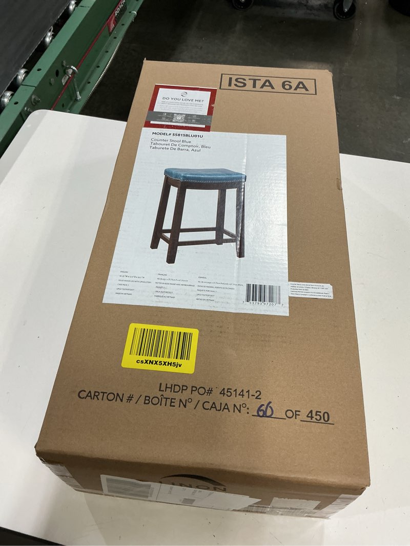 Condition photo showing New/Like New for linon claridge backless counter stool blue faux leather wood frame in dark brown