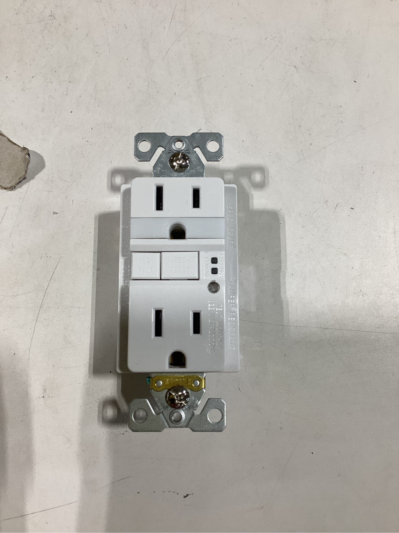 Condition photo showing As Is for eaton 15-amp 125-volt tamper resistant gfci residential/commercial decorator outlet with night light, white