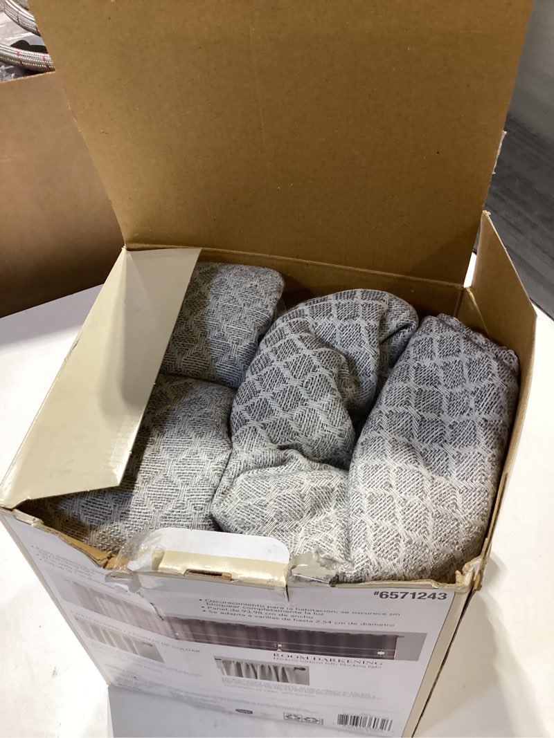 Condition photo showing As Is for allen + roth 84-in Gray Trellis Room darkening Interlined Back tab Curtain