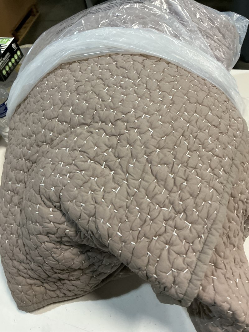 Condition photo showing As Is for quince organic cotton hand stitched quilt, king/cal king, stone