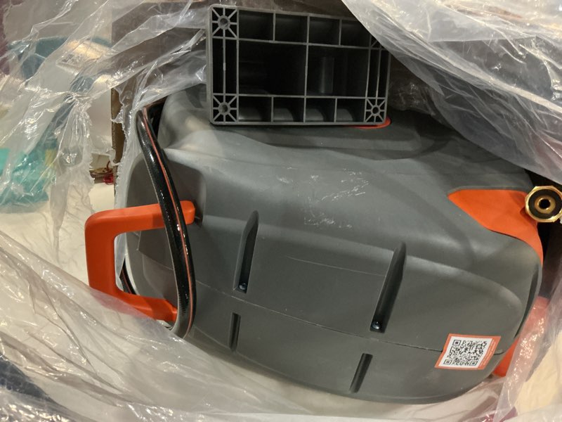 Condition photo showing As Is for neotec retractable garden hose reel 100 ft 1/2 inch with 3-layer pvc hose wall mount automatic slow return any-length lock 180° swivel hose reel for large yard