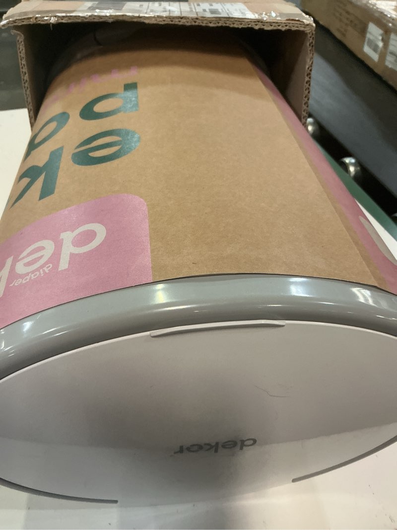 Condition photo showing As Is for diaper dekor eko mini diaper pail, white, only eco-friendly diaper pail made with 70% recycled materials, hands-free: step–drop–done, cost-effective refill system