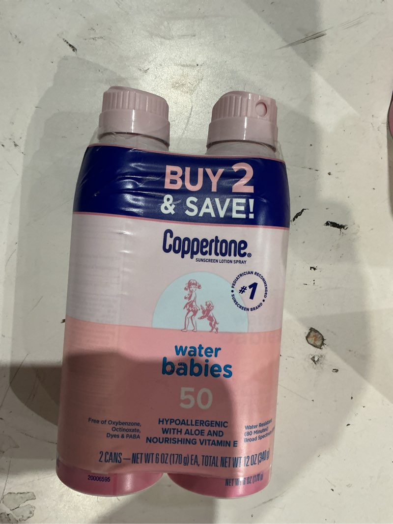 Condition photo showing New/Like New for coppertone waterbabies sunscreen spray, spf 50 baby sunscreen, 6 oz, pack of 2
