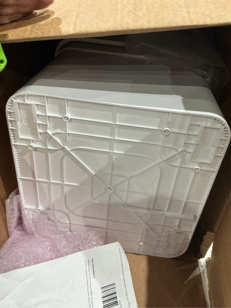 Condition photo showing As Is for midea cube 35 pint dehumidifier for basement and rooms at home for up to 3,500 sq. ft., smart control, compatible with alexa (white), drain hose included