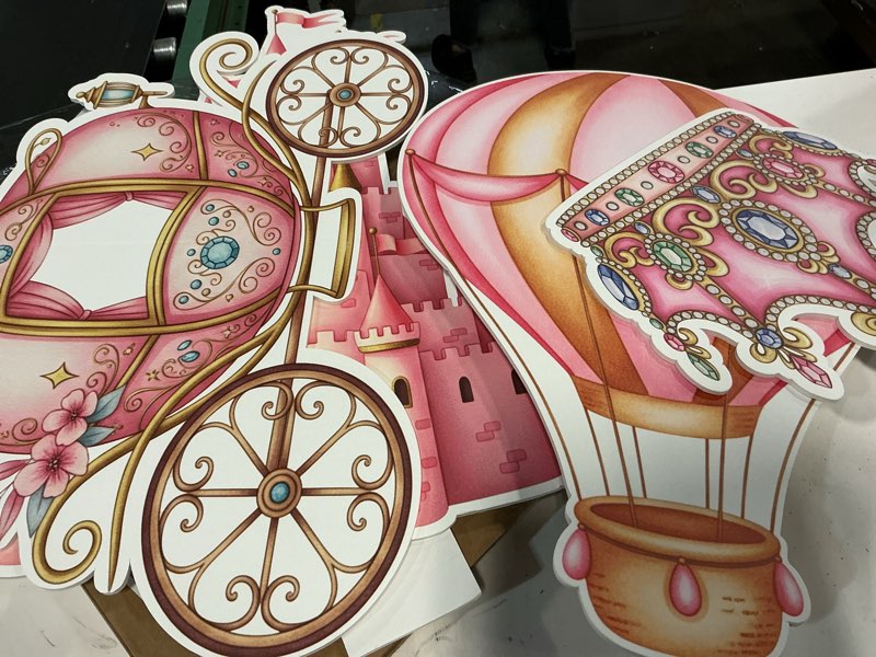 Condition photo showing Good Condition for honoson 4 pcs large 20" x 30" princess castle cardboard cutouts, princess pink party yard signs decoration for baby shower birthday party supplies lawn hot air balloon crown decor
