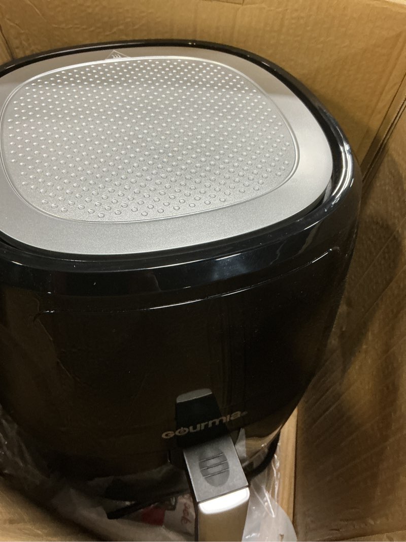 Condition photo showing As Is for Gourmia Air Fryer Oven Digital Display 6 Quart Large AirFryer Cooker 12 1-Touch Cooking Presets, XL Air Fryer Basket 1500w Power Multifunction Black and Stainless Steel Accents FRY FORCE GAF686
