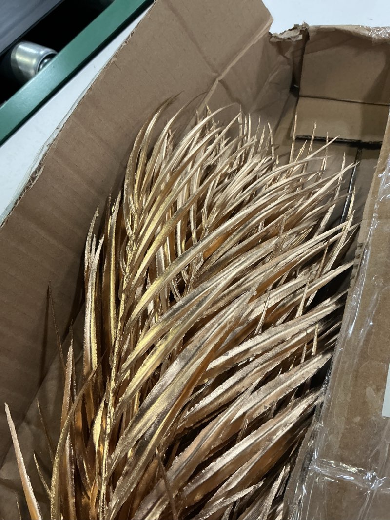 Condition photo showing As Is for 29” large gold palm leaves palm fronds tropical leaves areca palm branches artificial palm leaves with stem golden palm tree leaves faux palm leaves for floral arrangement fake gold leaves 12pcs gold#29"-12p